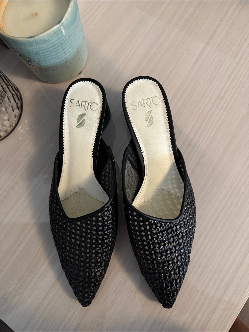 Franco Sarto Black Woven Pointed Slip-On Mules